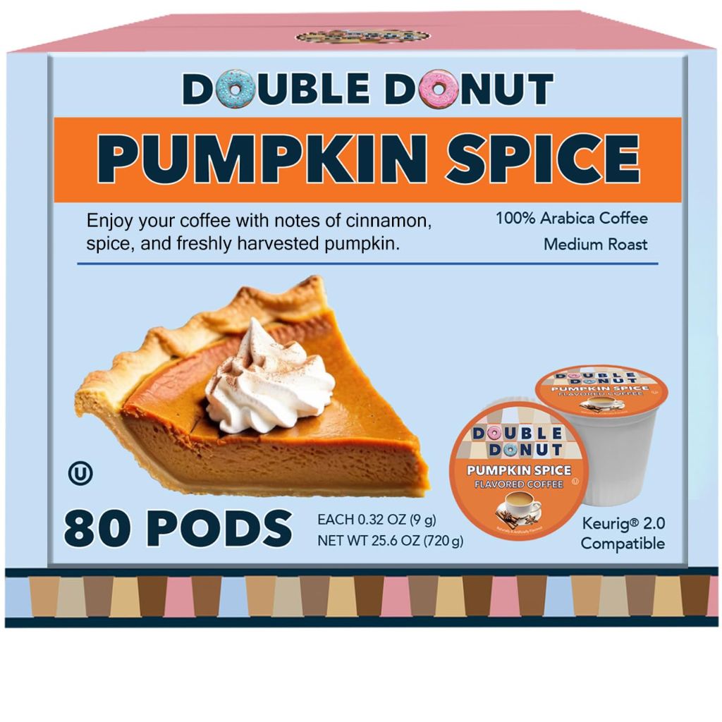 Double Donut Coffee Pumpkin Spice Coffee Pods, Single Serve Coffee for Keurig K Cups Machines, Medium Roast Pumpkin Pods, 80 Count