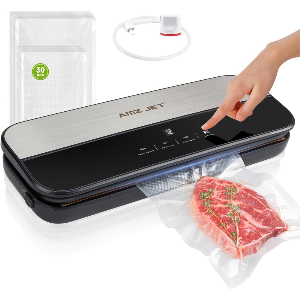 Food Sealer Vacuum Sealer-Tempered Glass Stainless Steel panel, LED Touch Control, Digital Display, Pulse/Moist/Dry/Seal/External Suction Modes, Includes 30 Vacuum Bags & Built-in Cutter (Black Gray)