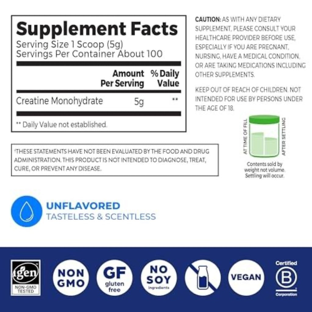 Orgain Creatine Monohydrate Micronized Powder, Unflavored, Supports Muscle Growth, Post Workout Recovery and Brain Health, No Artificial Additives, fo