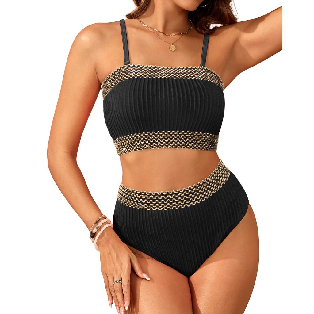 SZ M, Black Golden High Waisted Bandeau Bikini Set