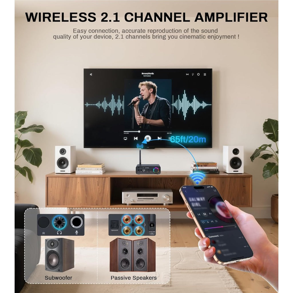 Stereo Amplifier HiFi Class D Audio Receiver Amp 100Wx2 2.1 Channel Digital Amplifier Home Audio TPA3116, w/RCA/Optical/Coaxial/Mic Input for Home Outdoor Passive Speaker/Active Speaker