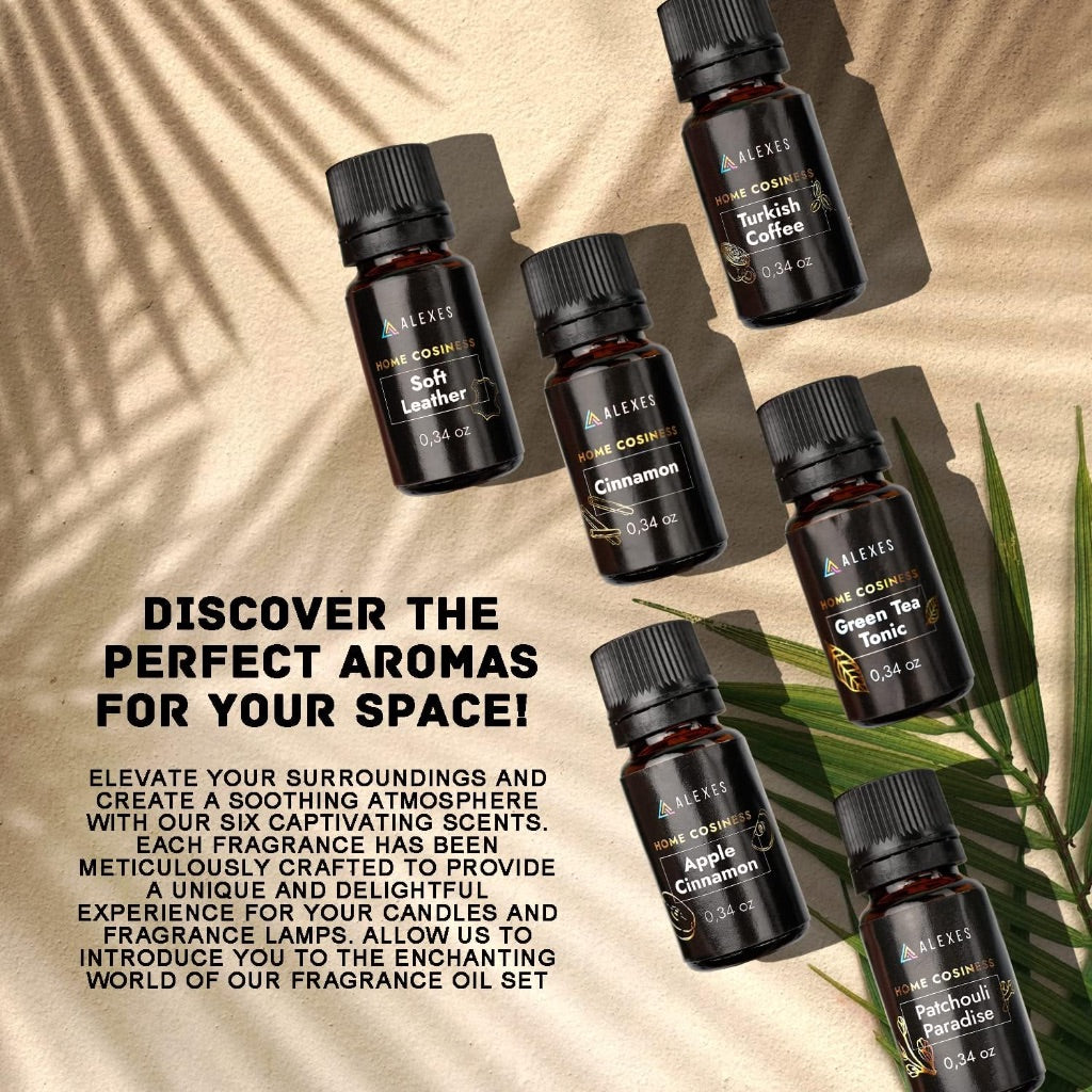 Scented Oil Gift Set of 6, 10mL Scented Oils - Apple Cinnamon, Turkish Coffee, Patchouli Paradise, Soft Leather, Cinnamon, Green Tea Tonic