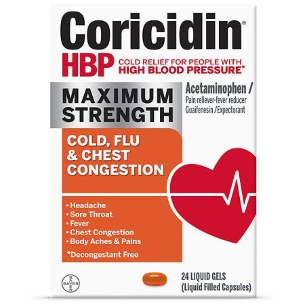 Coricidin HBP Maximum Strength Cold  Cough & Flu Medicine  Liquid Gels  24 Ct