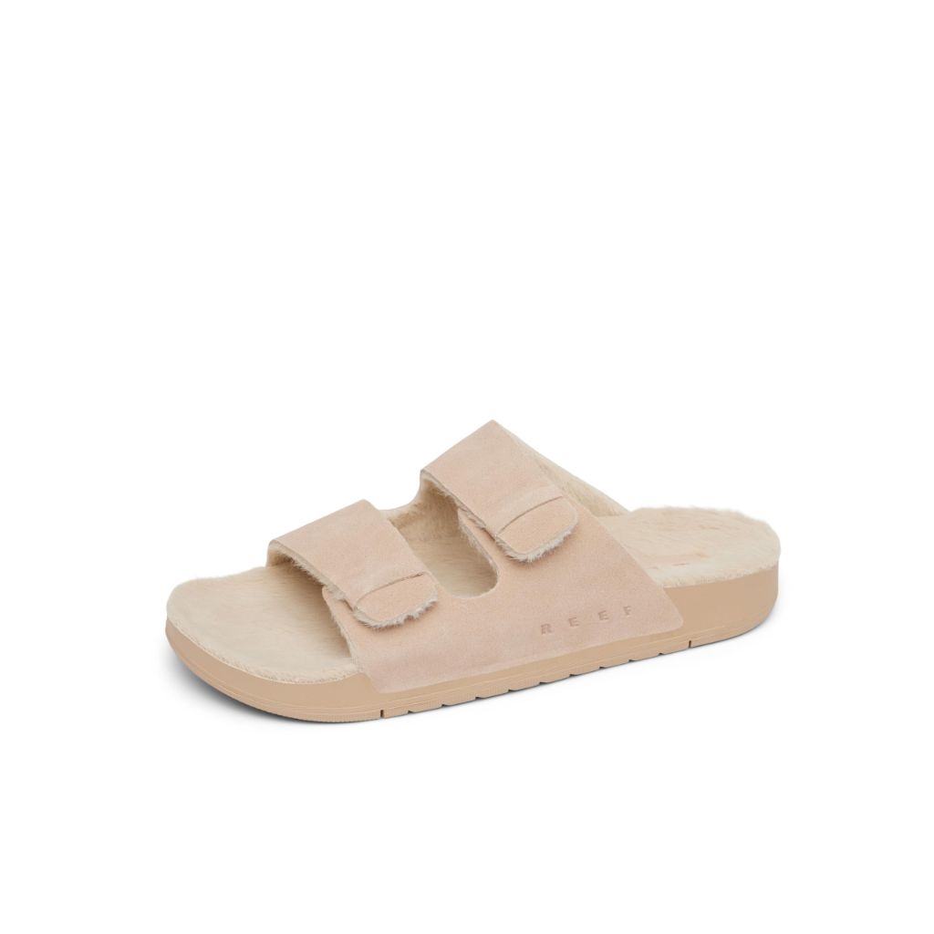 Reef Ojai Two Bar Cozy Womens Slide, Faux Fur Footbed, Full Grain Leather, Tan, 11
