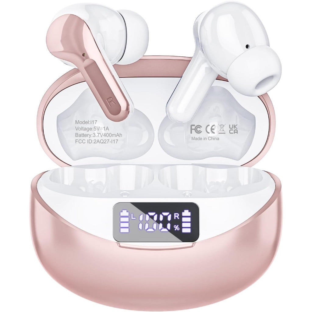 Wireless Bluetooth Earbuds with HiFi Stereo, Noise Cancelling Mic, 50H Playback, LED Digital Display - Rose Gold