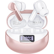 Wireless Bluetooth Earbuds with HiFi Stereo, Noise Cancelling Mic, 50H Playback, LED Digital Display - Rose Gold