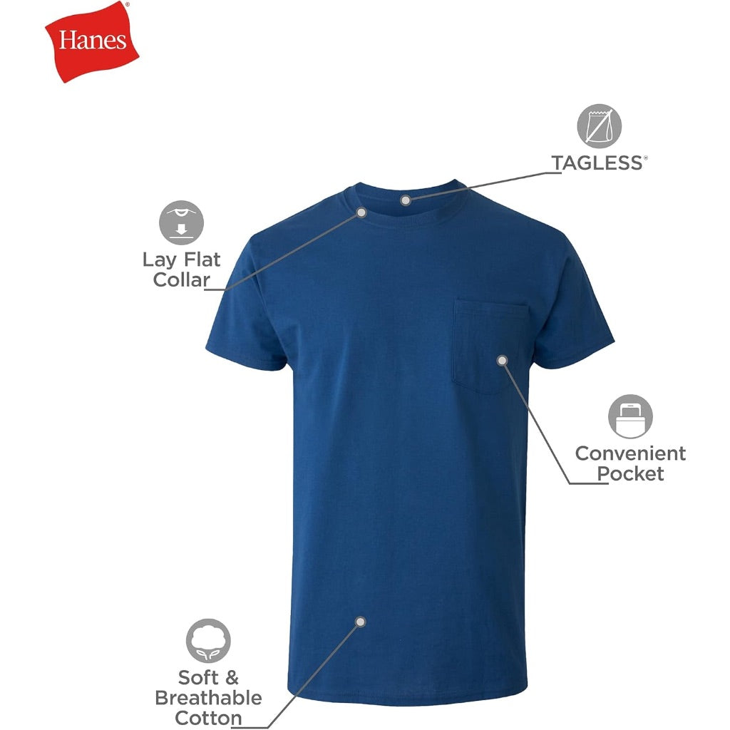 Hanes Men's Pocket T-Shirt Pack, 6-Pack, Cool & Breathable Cotton Tees, Stay-Tucked Undershirts for Men