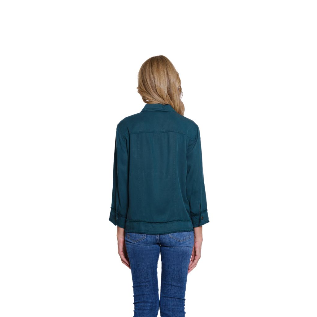 MULTIPLES Women's Cuffed 3/4 Sleeve Drop Shoulder 2-Pocket Button Front Fringe Trim Jacket, Deep Green, Medium