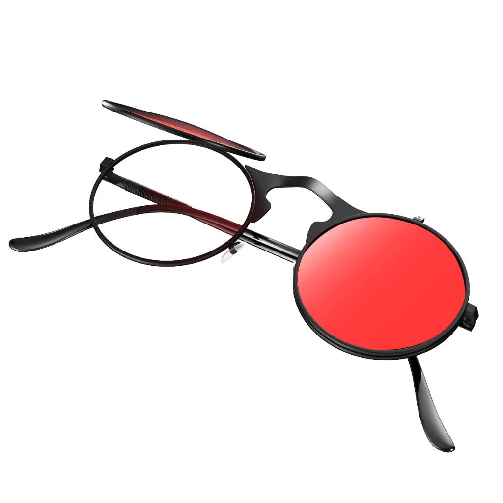 Yvey Unisex Retro 80s/90s Flip-Up Round Sunglasses Steampunk Rave Shades with Double Lenses (Black Frame/Red Lens)