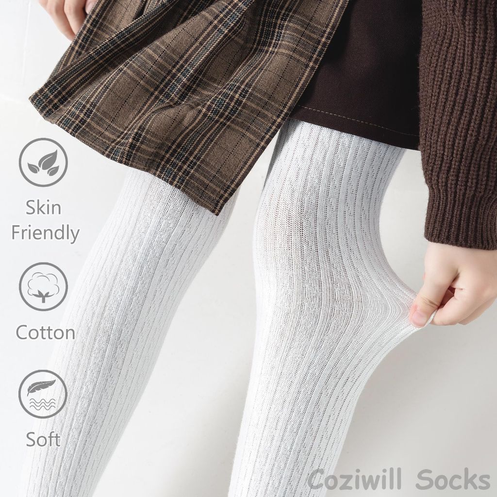 Coziwill Socks Girls Seamless Tights, Kids 8-10 Years 3 Pack(White, L)