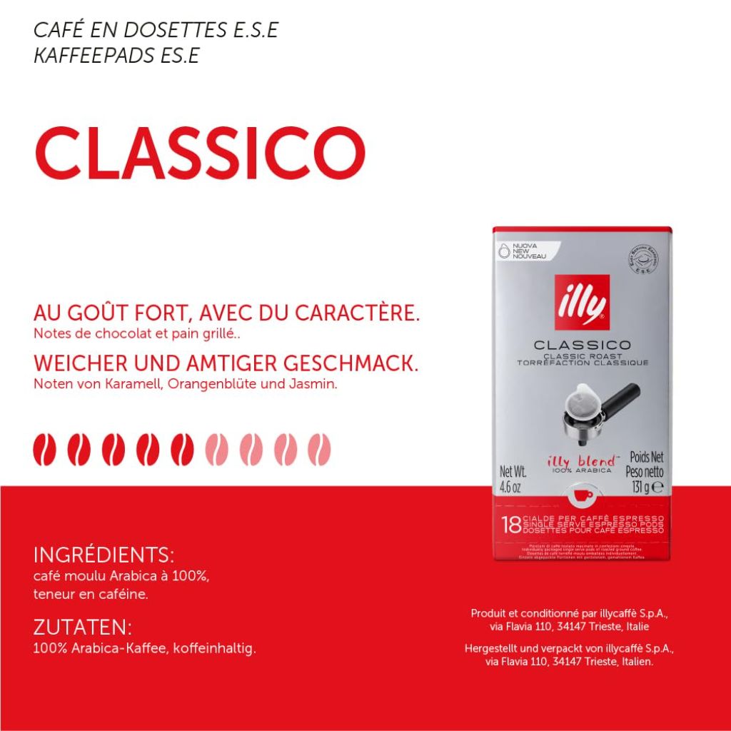 Illy E.S.E. Coffee - Single-Serve Pods – Classico Medium Roast - Notes Of Chocolate & Caramel – 18 Count