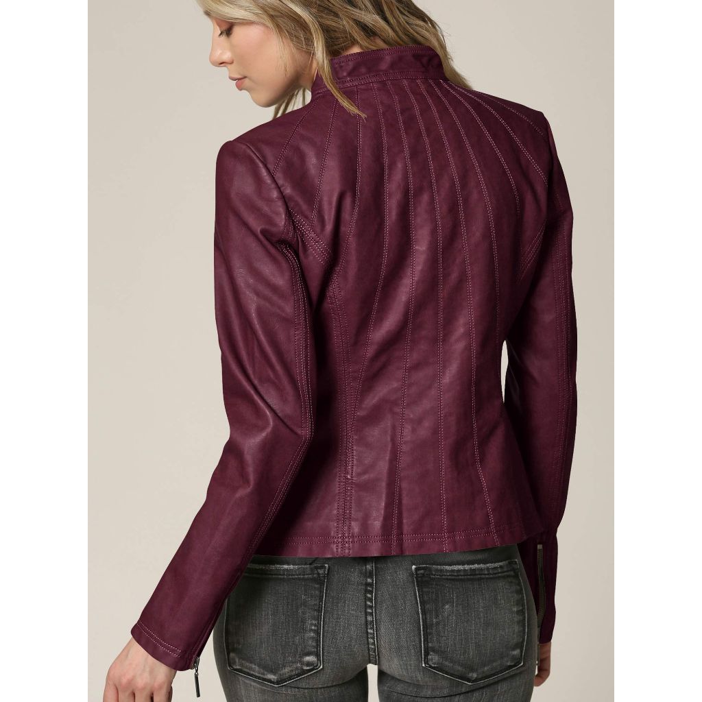 Lock and Love LL Womens Panelled Faux Leather Moto Jacket, Wine - size L