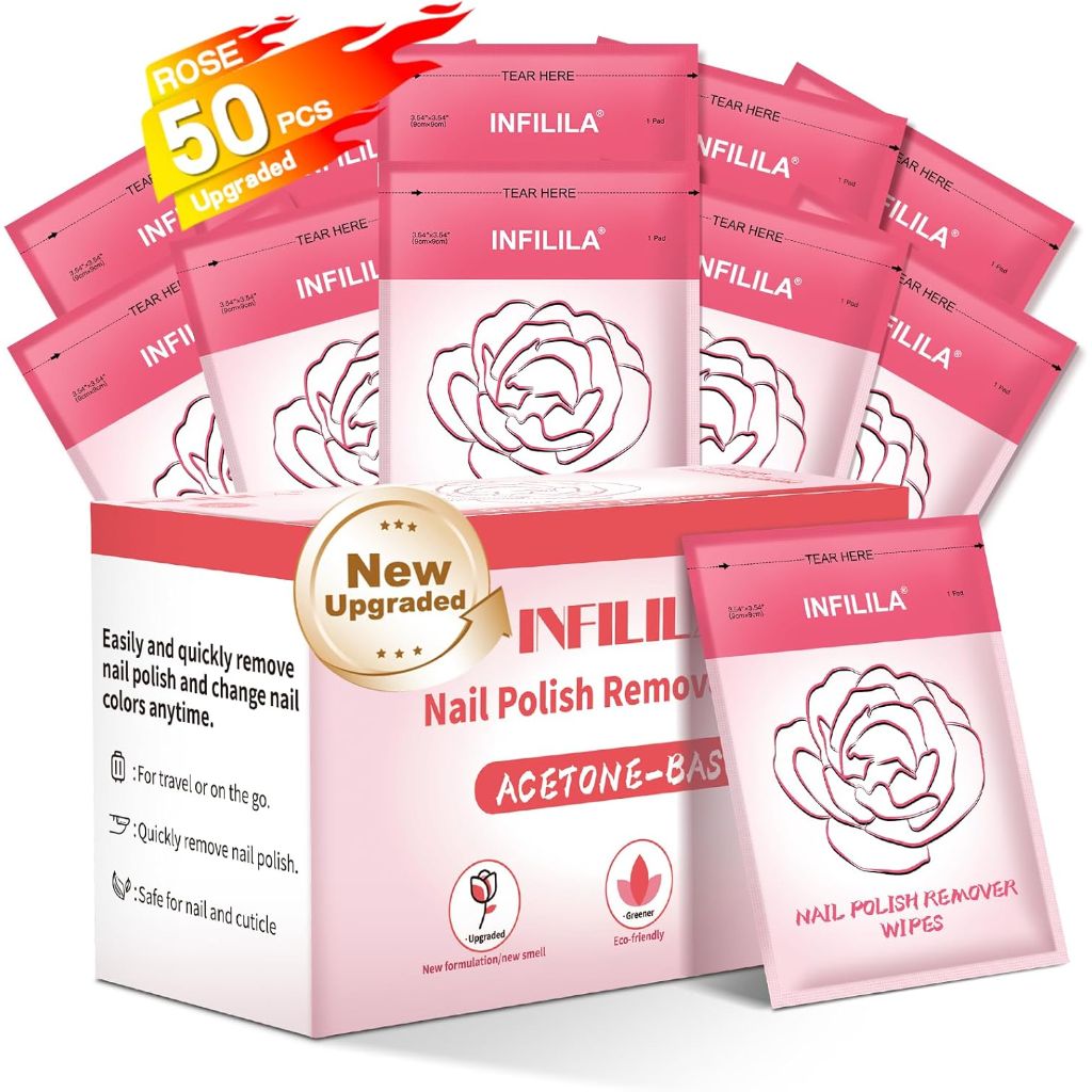 NXJ INFILILA Upgraded Acetone-Based Nail Polish Remover Pads - Jumbo Size with Rose Oil & Aloe Vera (50ct)