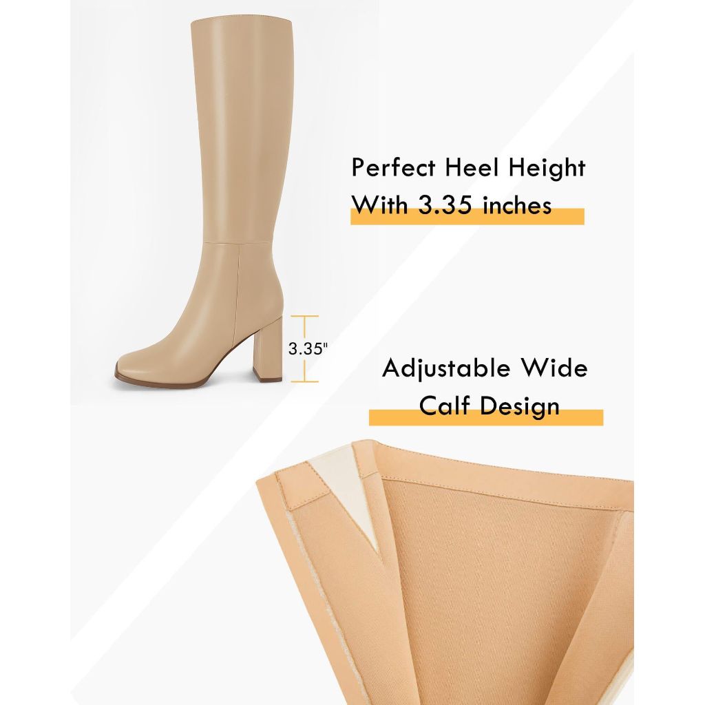 SZ 9, Coutgo Women's Wide Calf Knee High Boots Leather Shoes with Side Zipper, Khaki