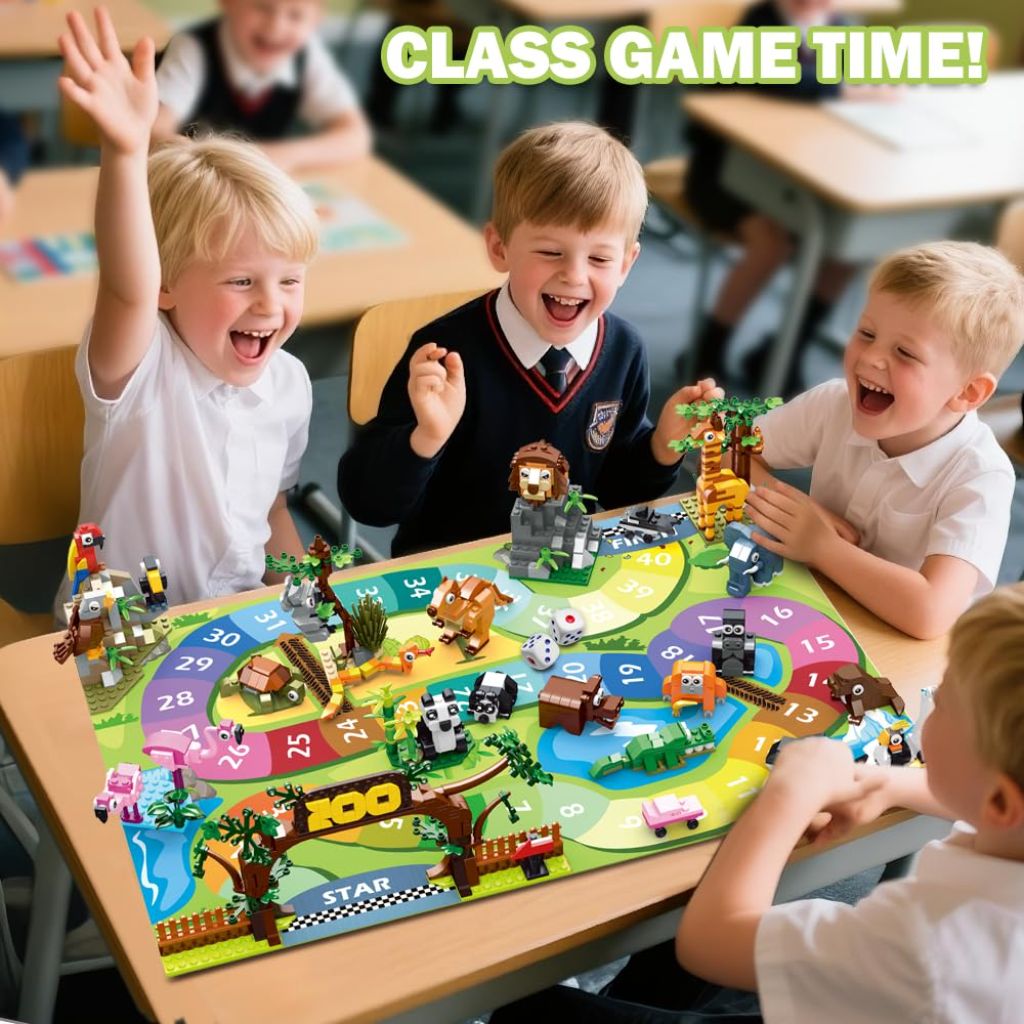 HOGOKIDS 23 Animals Valentines Party Favors for Kids Building Set - 2-in-1 Zoo Scene Board Game with Play Mat, 2 Dice, 4 Animal Cars, Valentines Classroom School Gifts for Kids Boys Girls 6+ Years Old