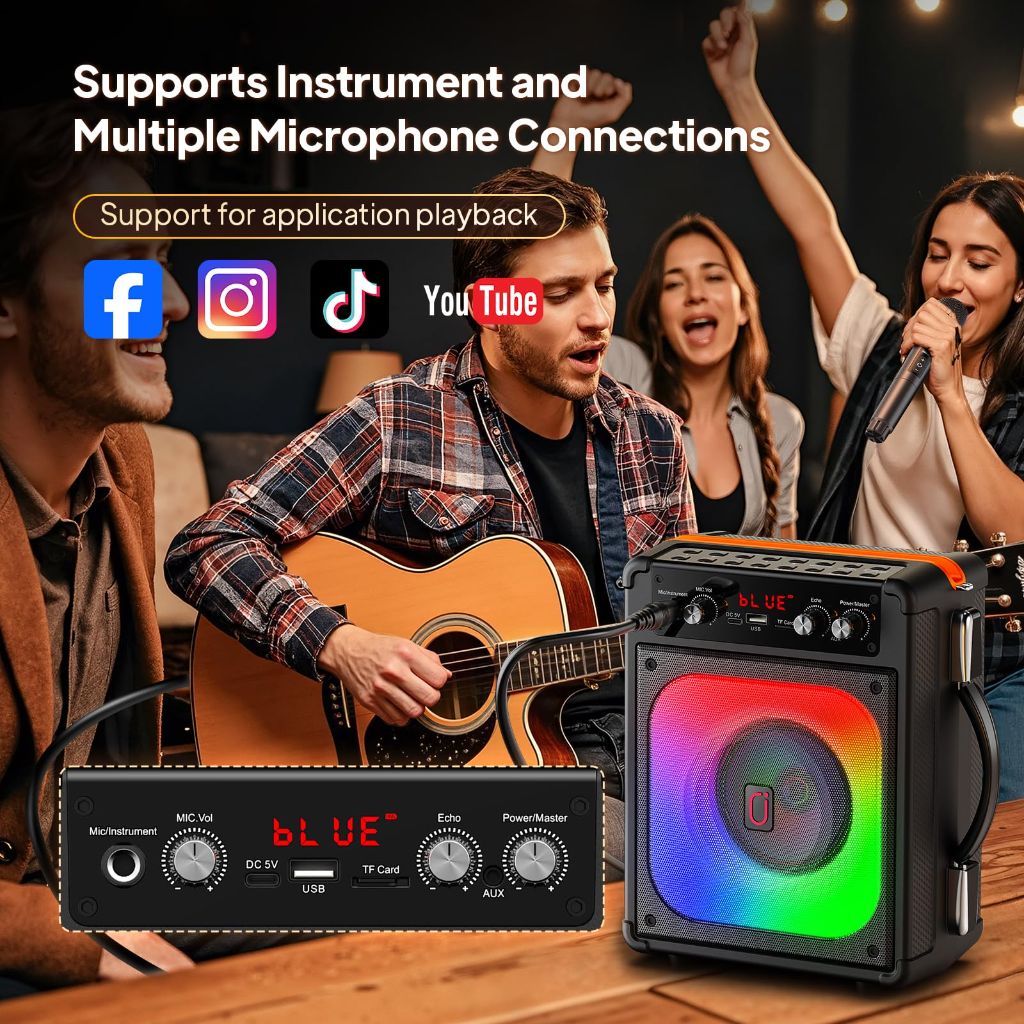 Karaoke Machine, Portable Bluetooth Speaker with 2 Microphones for Adults, PA System with Echo Adjustment, Support TWS/TF Card/USB/AUX/TVs Connected for Home Party