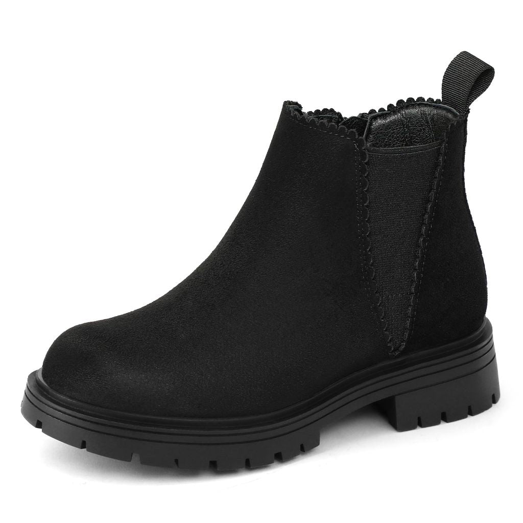 K KomForme Girls Ankle Boots with Side Zipper Chelsea Booties Lug Sole，Size 2 Big Kid，Black Suede