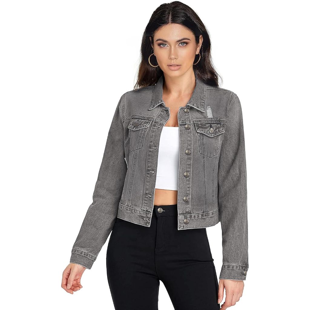 Hybrid & Company Women's Long Sleeve Denim Jacket - Grey, Size 1X