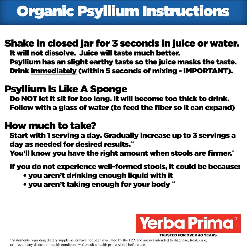 Yerba Prima Organic Psyllium Whole Husks Colon Cleanser - 20 oz - Natural Daily Dietary Fiber Supplement 20oz, Colon Cleanser, Regularity & Detox Cleansing Support, Gluten Free, Non GMO, Vegan
