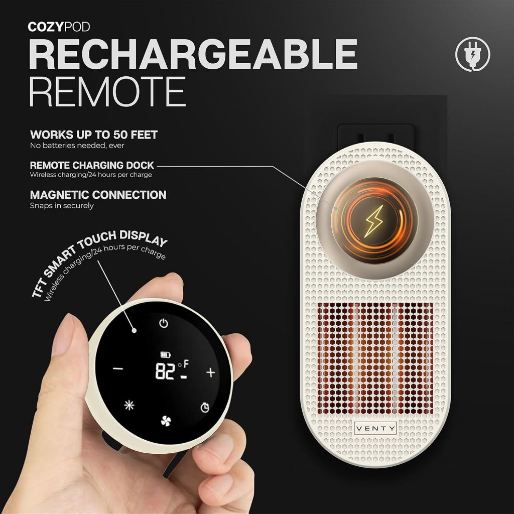 Venty CozyPod 500W Portable Plug-In Heater w/Case, LED Display, & Remote Control - White