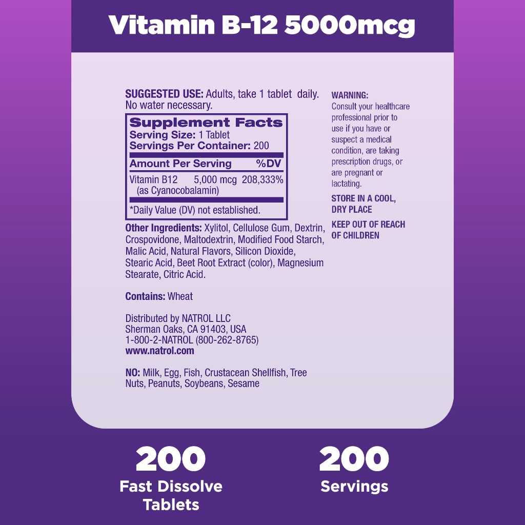 Natrol B12 5000 mcg Fast Dissolve, Energy Metabolism, 200 Tablets