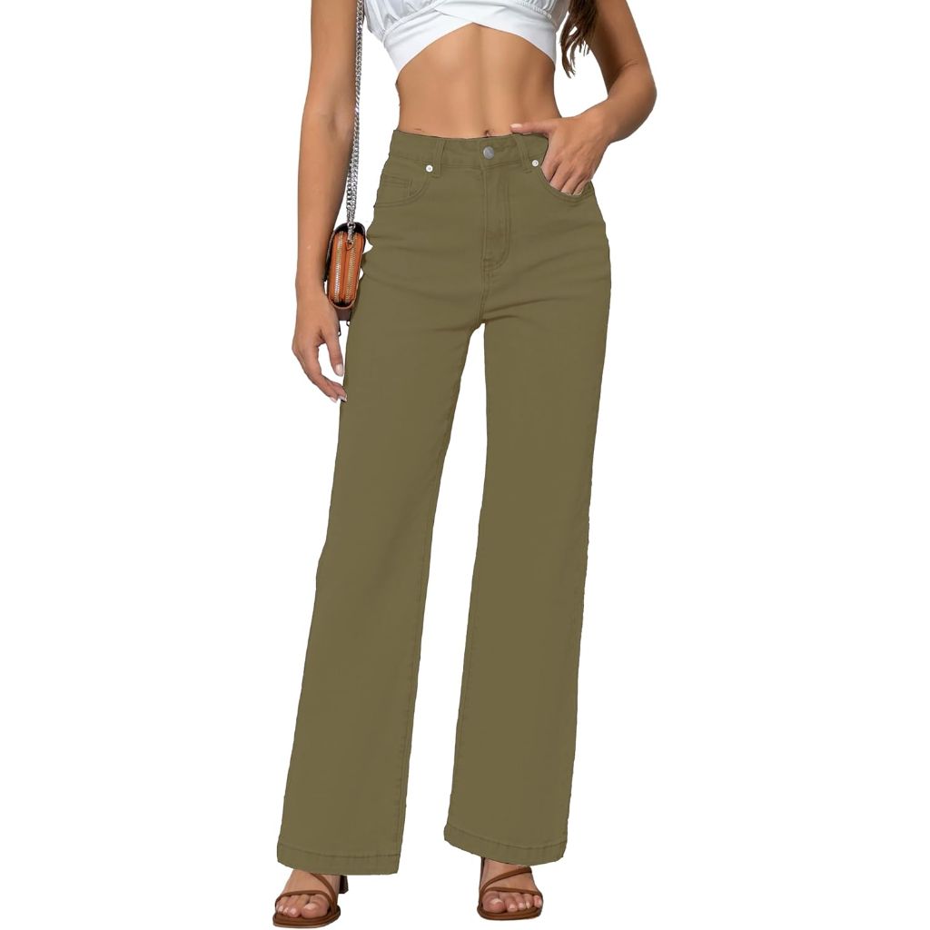 ETTELO Women's Mid Waisted Straight Leg Jeans (US, 4, Army Green)