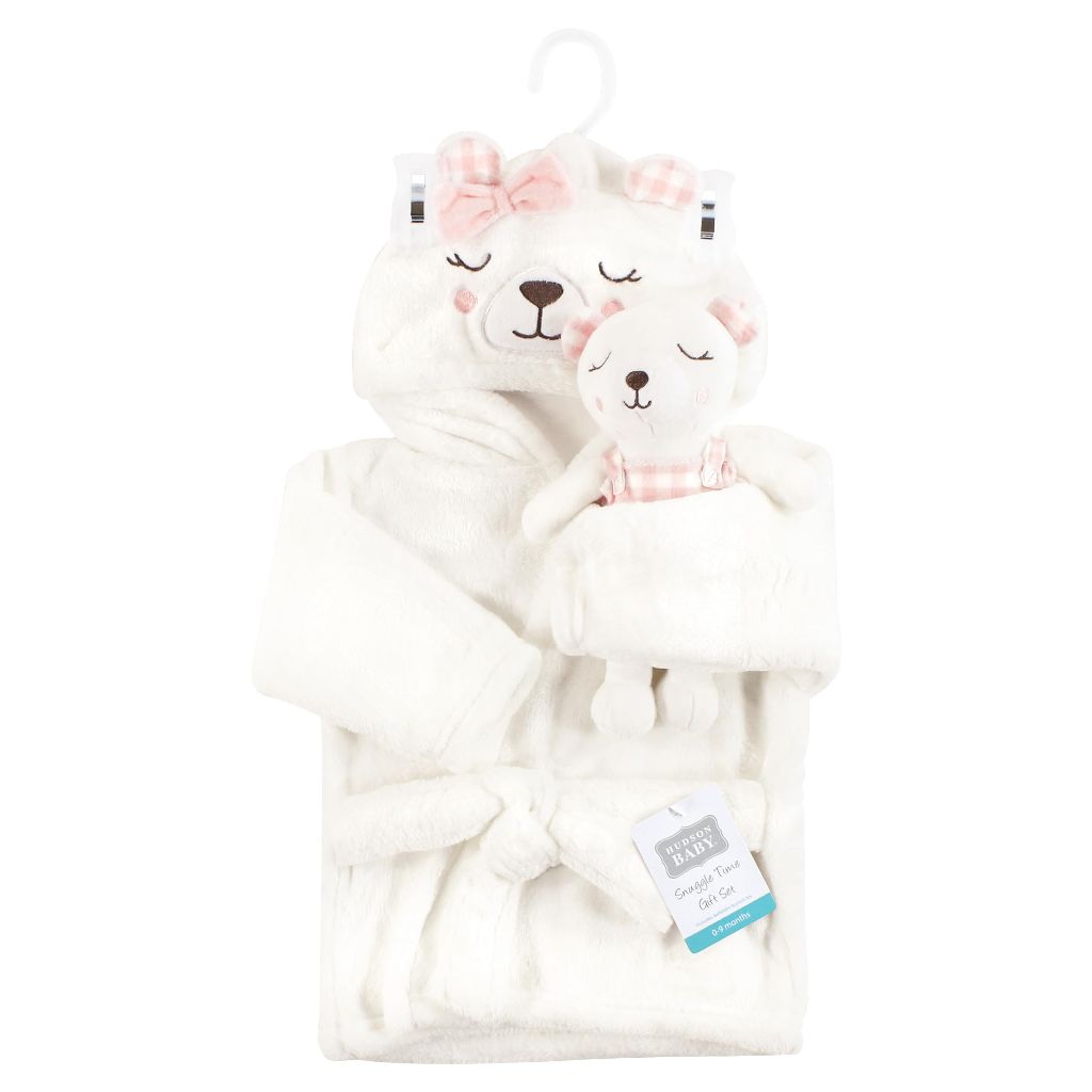 Hudson Baby Unisex Baby Plush Bathrobe and Toy Set, Gingham Bear Girl, 0-9 Months