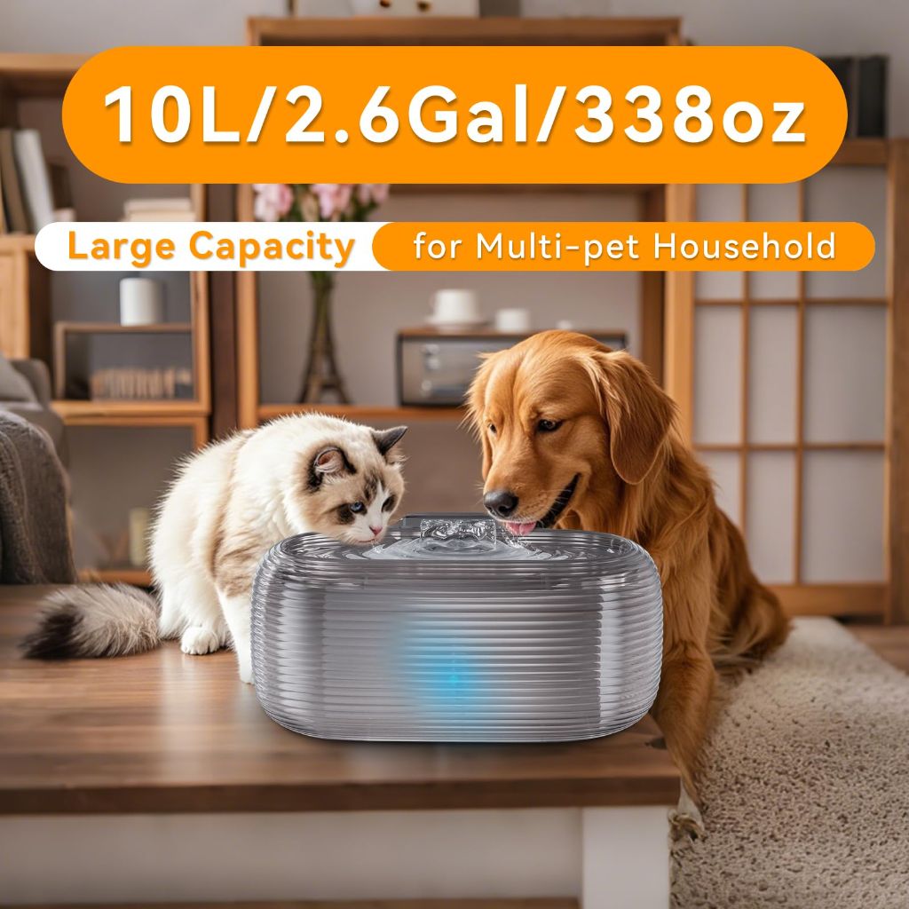 JMICOW 10L/2.6Gal/338oz Dog Water Fountain for Large Dogs, with 5 Replacement Filters and 4 Cleaning Brushes (Black)