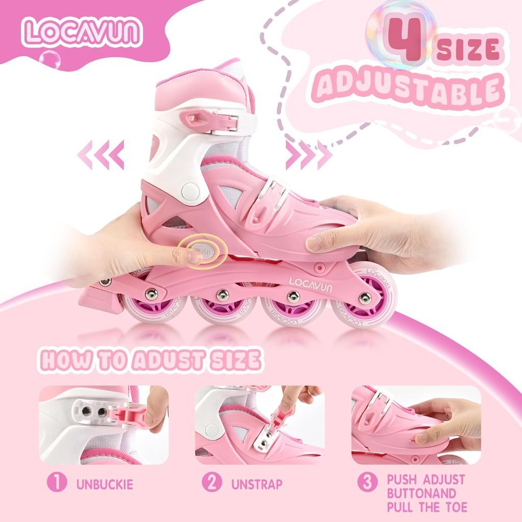 LOCAVUN Girl's Inline Skates with 4 Size Adjustable Light up Wheels - Pink/White, Small (US 9C-12C)