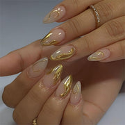 QQPPOLIU Cute Almond Press-on False Nails, 24pcs, Gold Glue, Striped, Full Cover, Plastic, Glossy Finish