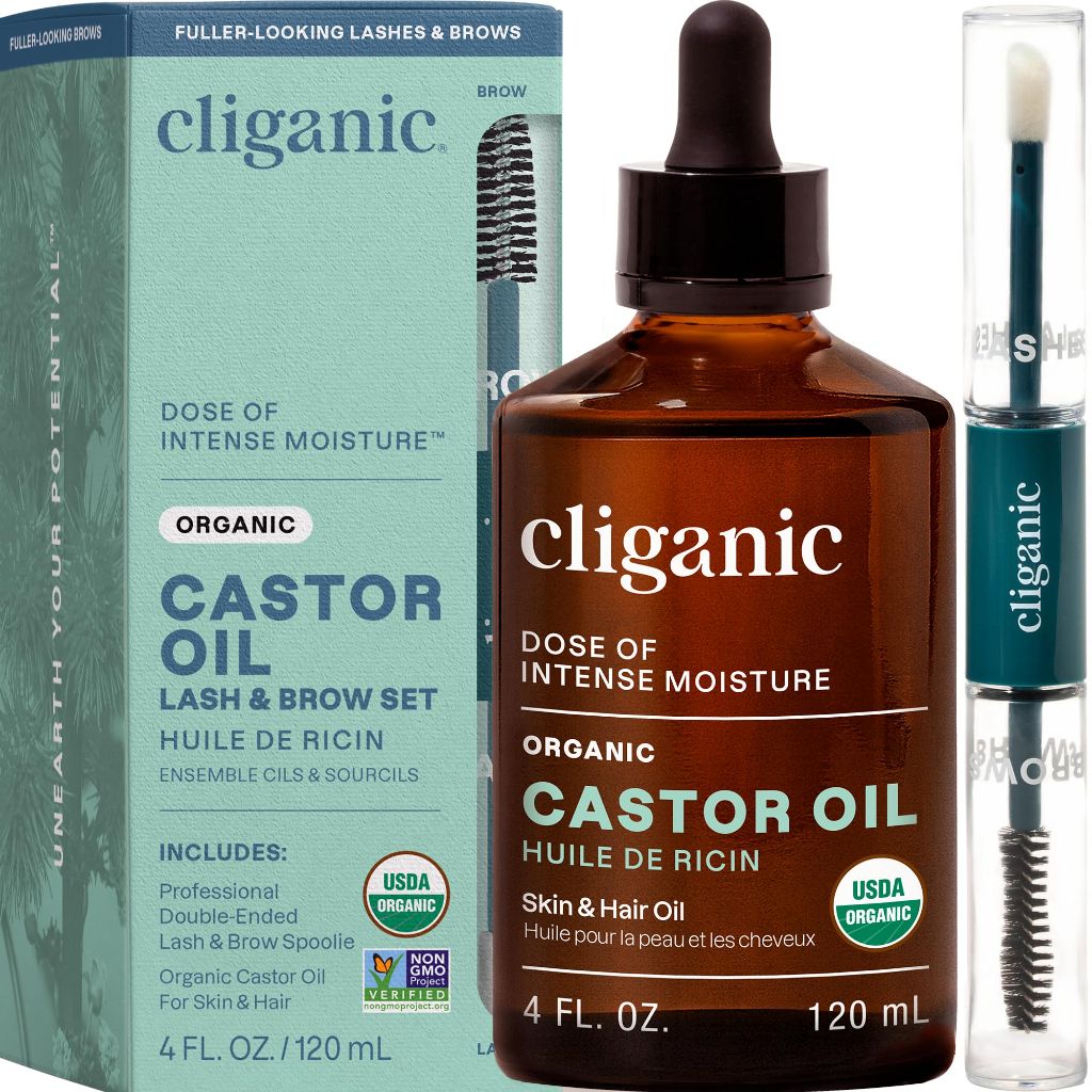 Cliganic Organic Castor Oil, 100% Pure (4 oz Glass Bottle with Eyelash Kit)