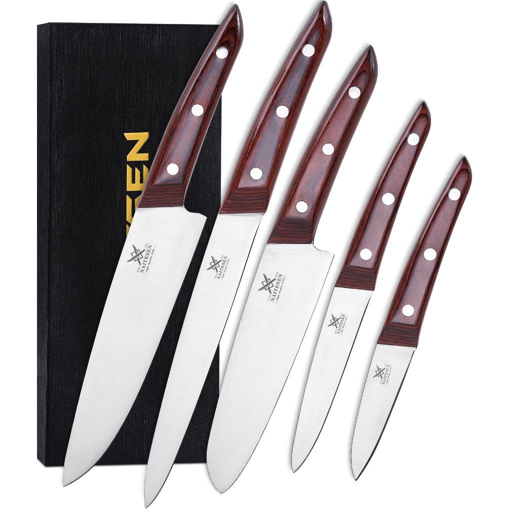 Naitesen 5PCS Professional Kitchen Chef Knife Set with Blade Guards, Wood Handle High Carbon Steel