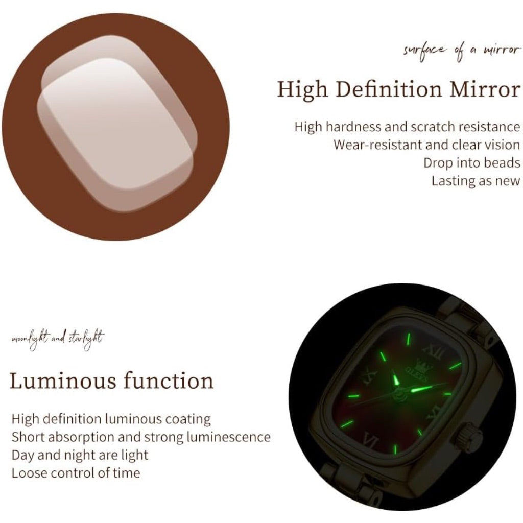 OLEVS Ladies Square 23mm Watch, Red Dial, Gold-Tone Stainless Steel Bracelet