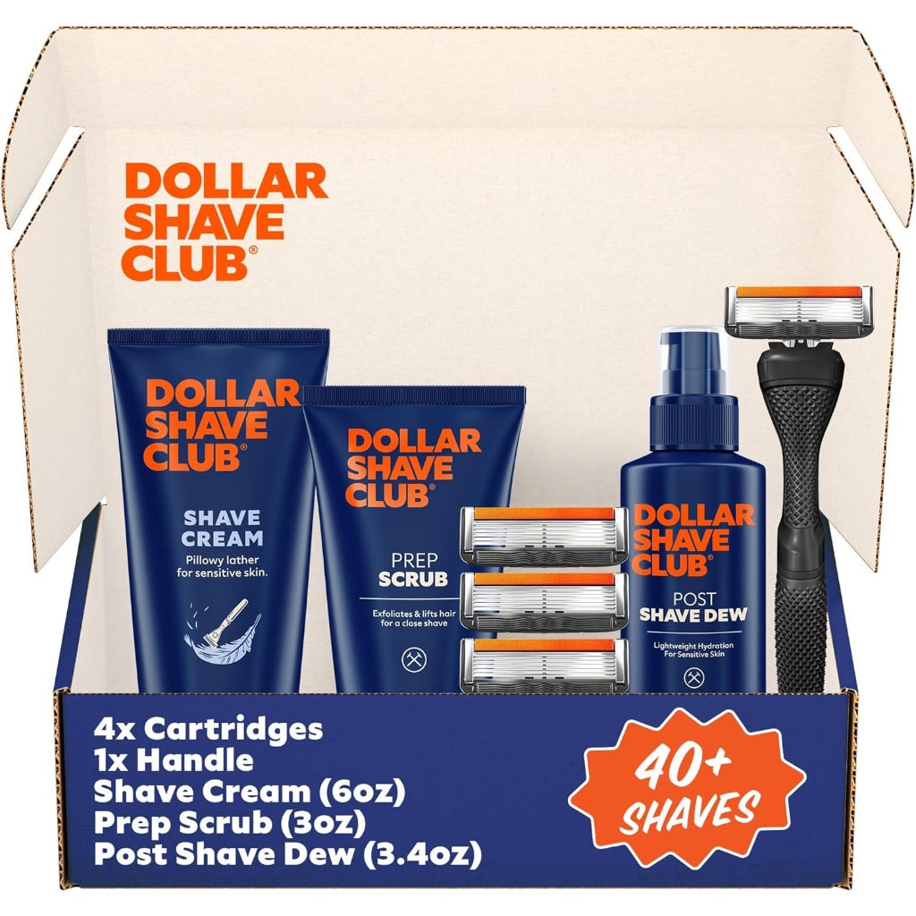 Dollar Shave Club | Ultimate Set | 4 Extra Close Refill Cartridges, 1 Handle, 1 Prep Scrub 3 ounce, 1 Shave Cream 6 ounce, 1 Post Shave Dew 3.4 ounce