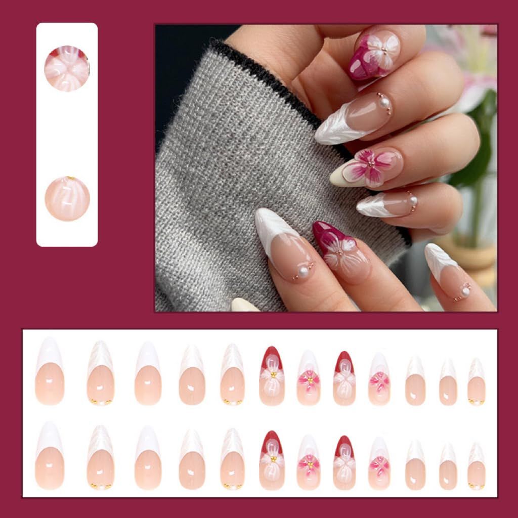 Almond French Tip Press on Nails - White Medium with Pink Flower Design, Pearl Full Cover Stick On, Ombre Fake Nails - 24pcs