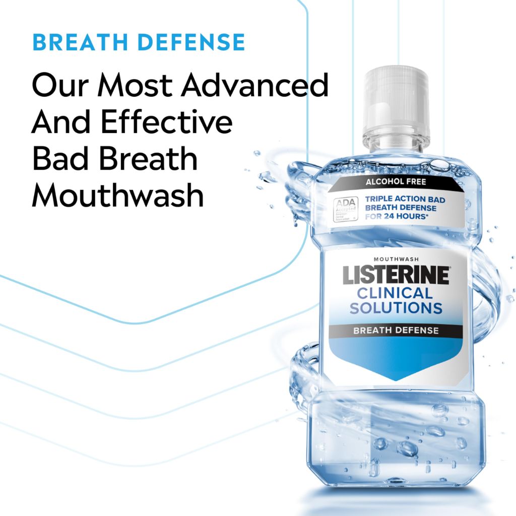 Listerine Clinical Solutions Breath Defense Alcohol Free Mouthwash, Smooth Mint Flavor, 500 mL