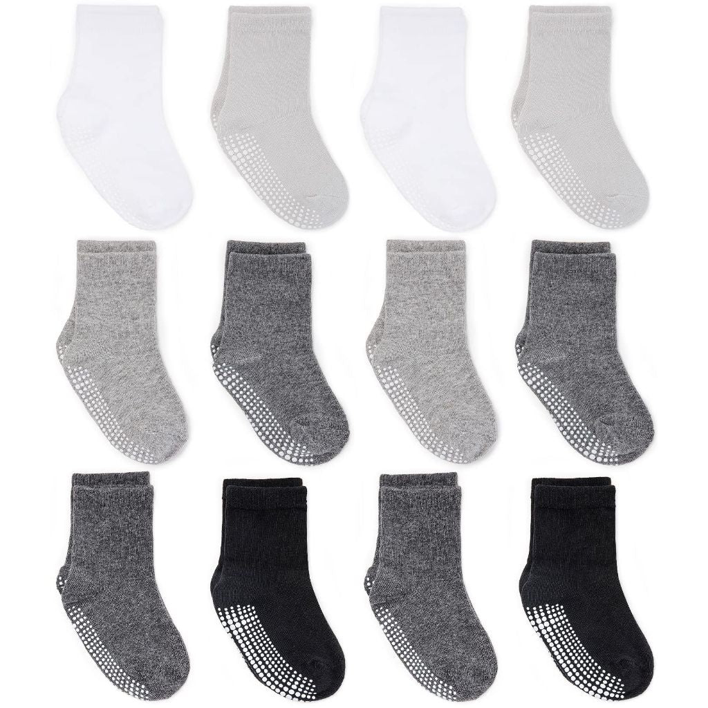 ZAPLES Baby Non Slip Grip Crew Socks Grayscale, 6-12 Months