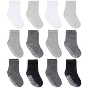 ZAPLES Baby Non Slip Grip Crew Socks Grayscale, 6-12 Months