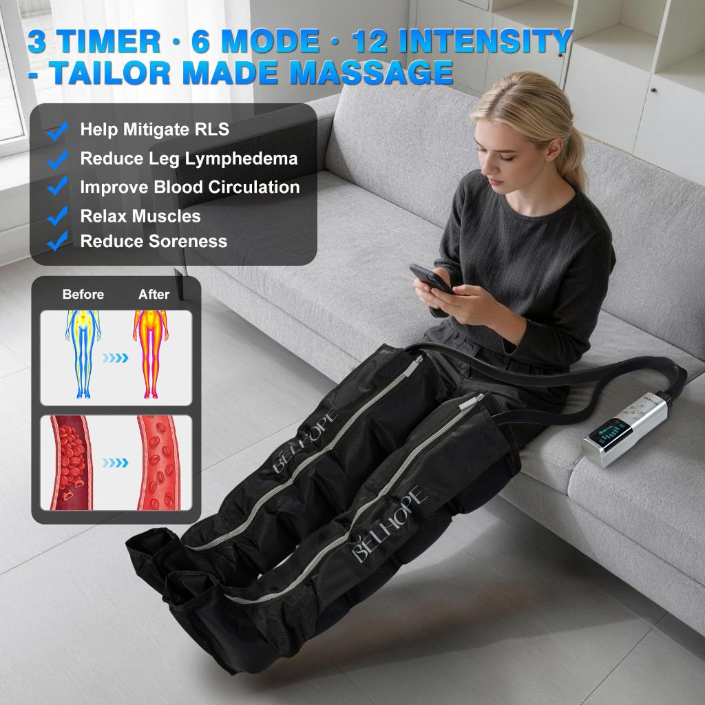 Belhope Leg Massager for Circulation and Pain Relief,Full Leg Massage 5-Zone for Varicose Veins, 3 Timers,12 Intensity,6 Modes,Air Compression Boots Recovery Calf Thigh Foot Massage for Athletes,Black