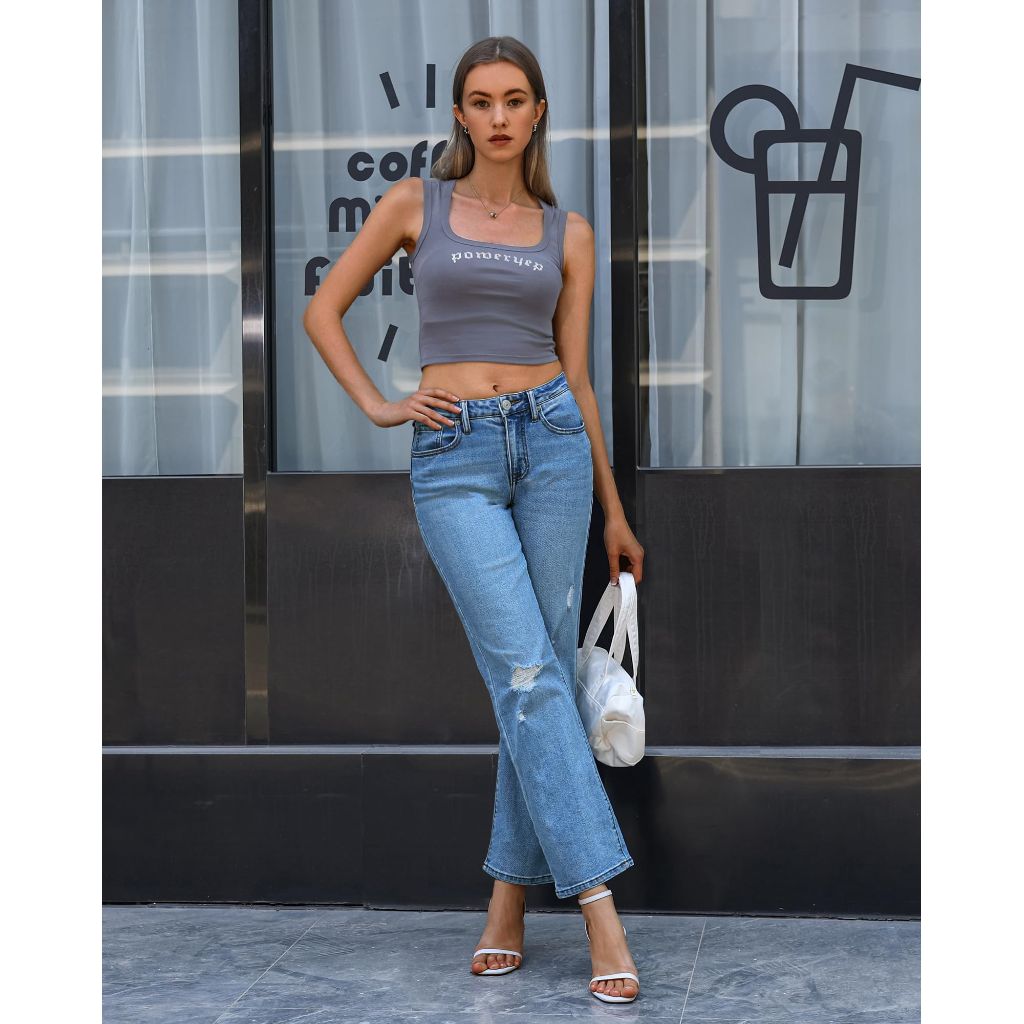 OFLUCK Women's Wide Leg Jeans Mid High Waisted Stretchy Ripped Jeans Straight Leg Loose Fit Denim Pants, Medium Blue, 8