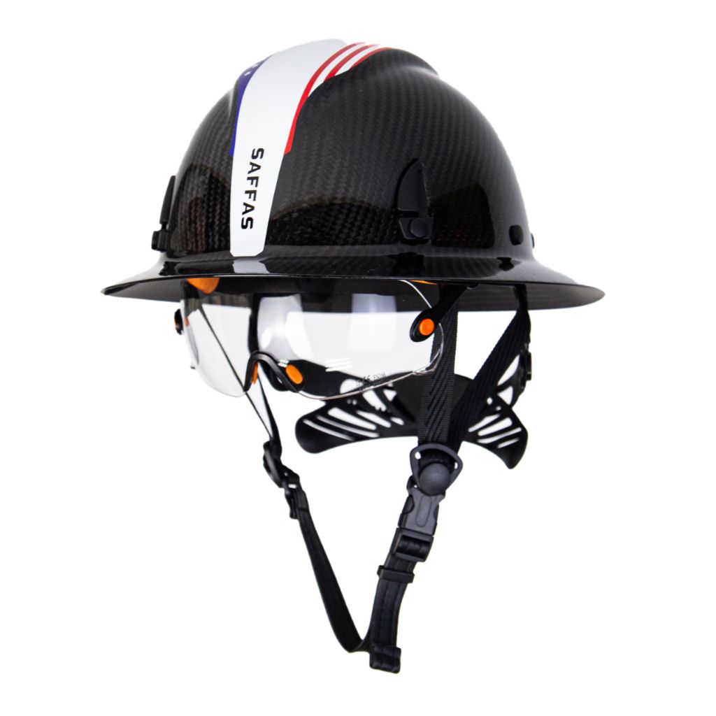 Saffas Carbon Fiber Full Brim Hard Hat Safety Helmet with Goggles and Leather Chin Strap 6-Point Suspension Adjustable Knob with Neck Protection (White)