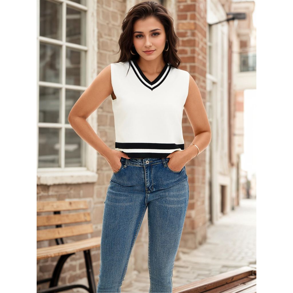 ONFERS Women's Cropped Sweater Vest V Neck Sleeveless Loose Fit Tank Tops Striped Knit, Large, White Black