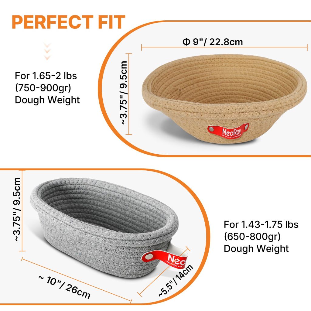 NeoRov Cotton Rope Proofing Basket Set - Oval & Round Sourdough Baskets