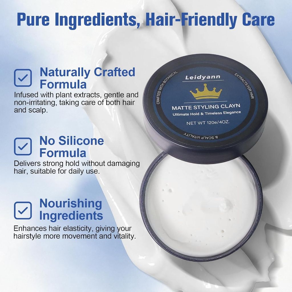 Hair Clay for Men, Strong Hold Matte Finish Natural Hair Cream & Pomade | 120e / 4oz