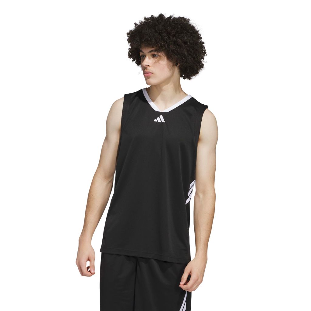 adidas Men's 3-Stripes Basketball Tank Top - Black/White, Large Tall