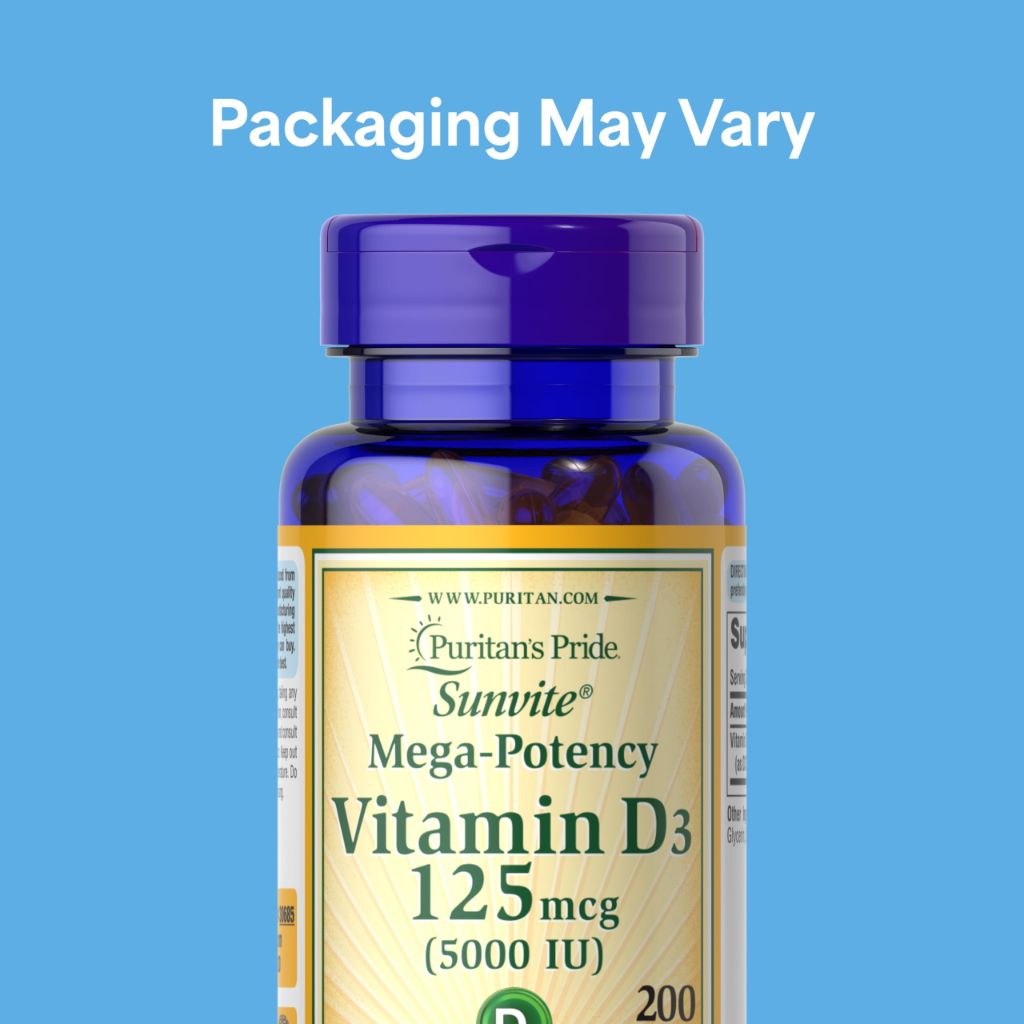 Puritan's Pride Premium Sunvite™ Mega-Potency Vitamin D3 5,000 IU, 200 Rapid Release Softgels (Packaging May Vary)