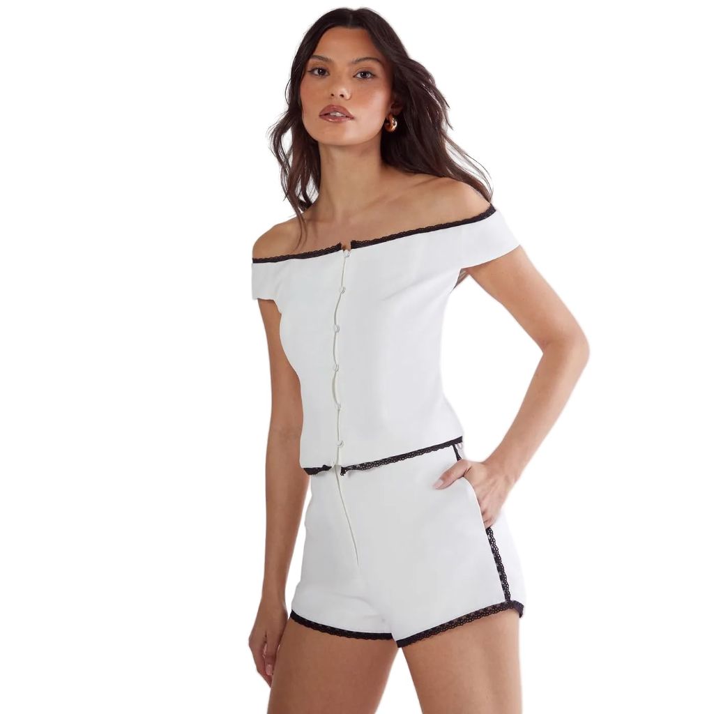 SZ 16, Nasty Gal Lace Trim Tailored Short | Ivory