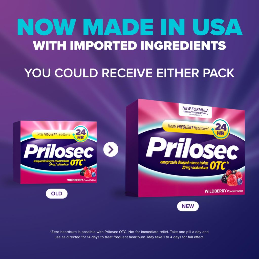 Prilosec OTC, Omeprazole Delayed Release 20mg, 20mg, Wildberry Flavor, 42 Tablets