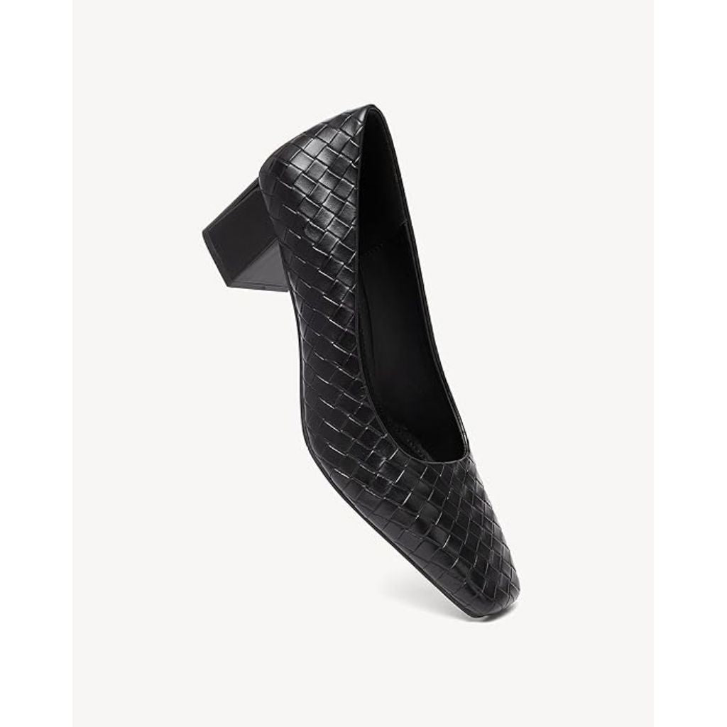 NewBella Women’s Patent Square Toe Low Chunky Block Heel Pumps - Black, Size 7.5