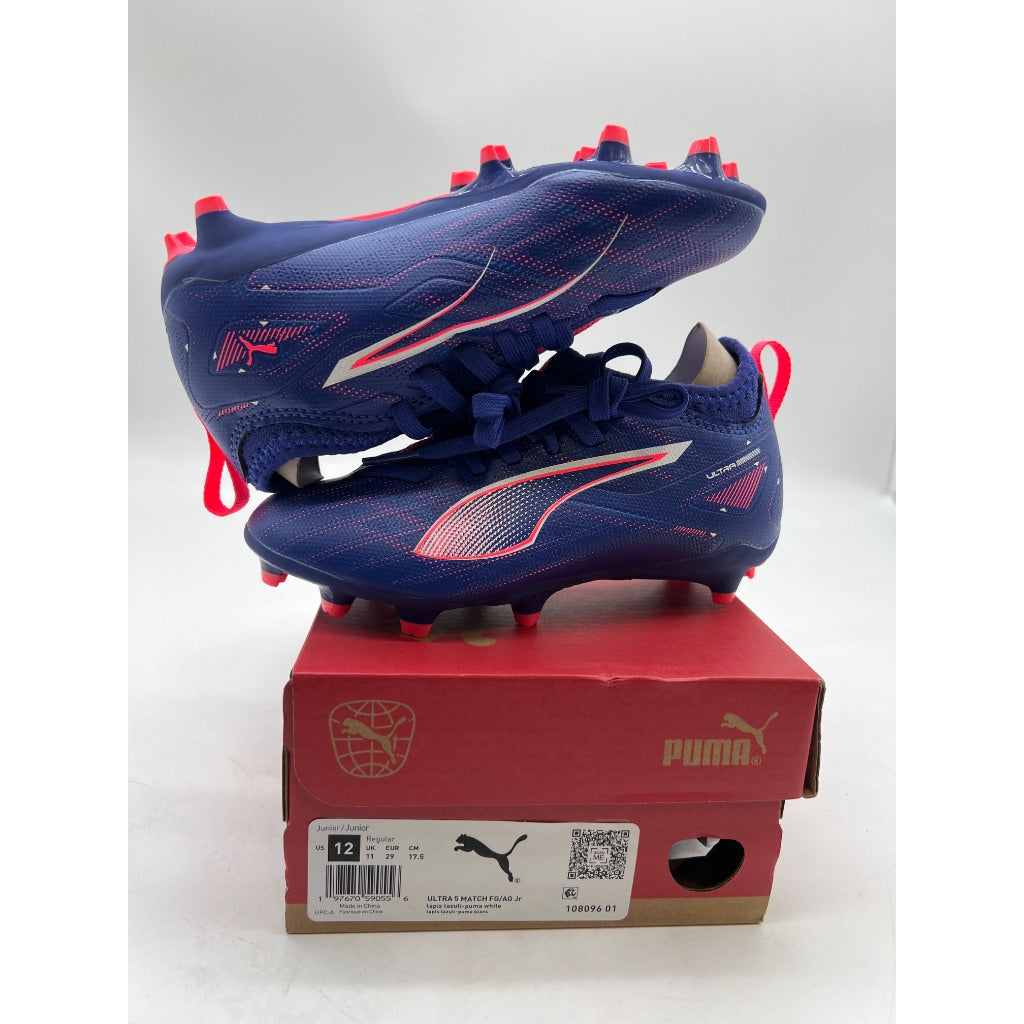 PUMA Kids Ultra Match Firm Ground/All Ground Soccer Cleats, Size 12 Little Kid, Lapis Lazuli/PUMA White/Sunset Glow